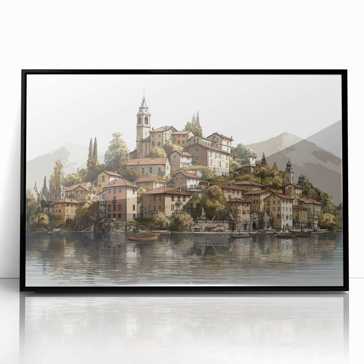Large abstract wall art depicting Lake Como with muted blue and green hues on a framed acrylic.