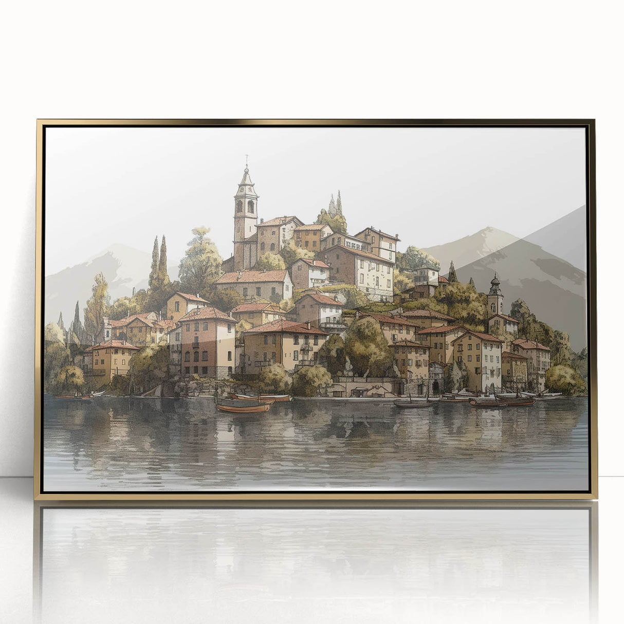 Large art print of Lake Como with muted earth tones in a gold-framed acrylic, ideal for modern art wall decor.