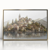 Large art print of Lake Como with muted earth tones in a gold-framed acrylic, ideal for modern art wall decor.