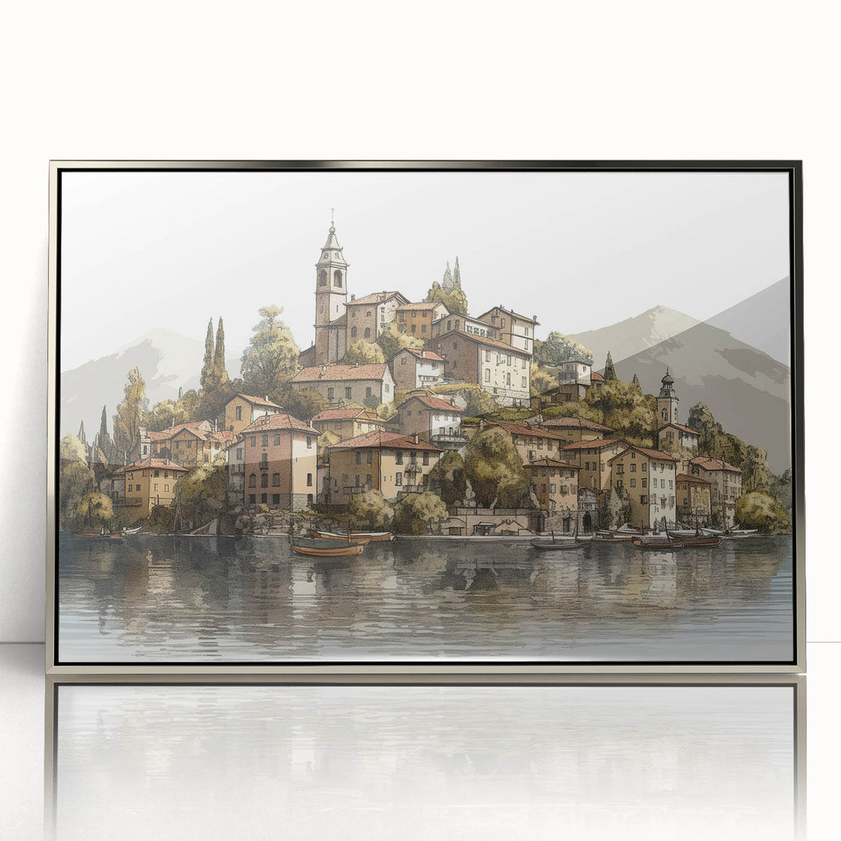 Mid-century modernist art depicting Lake Como with muted blues and greens on a framed acrylic.