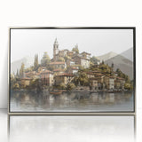 Mid-century modernist art depicting Lake Como with muted blues and greens on a framed acrylic.