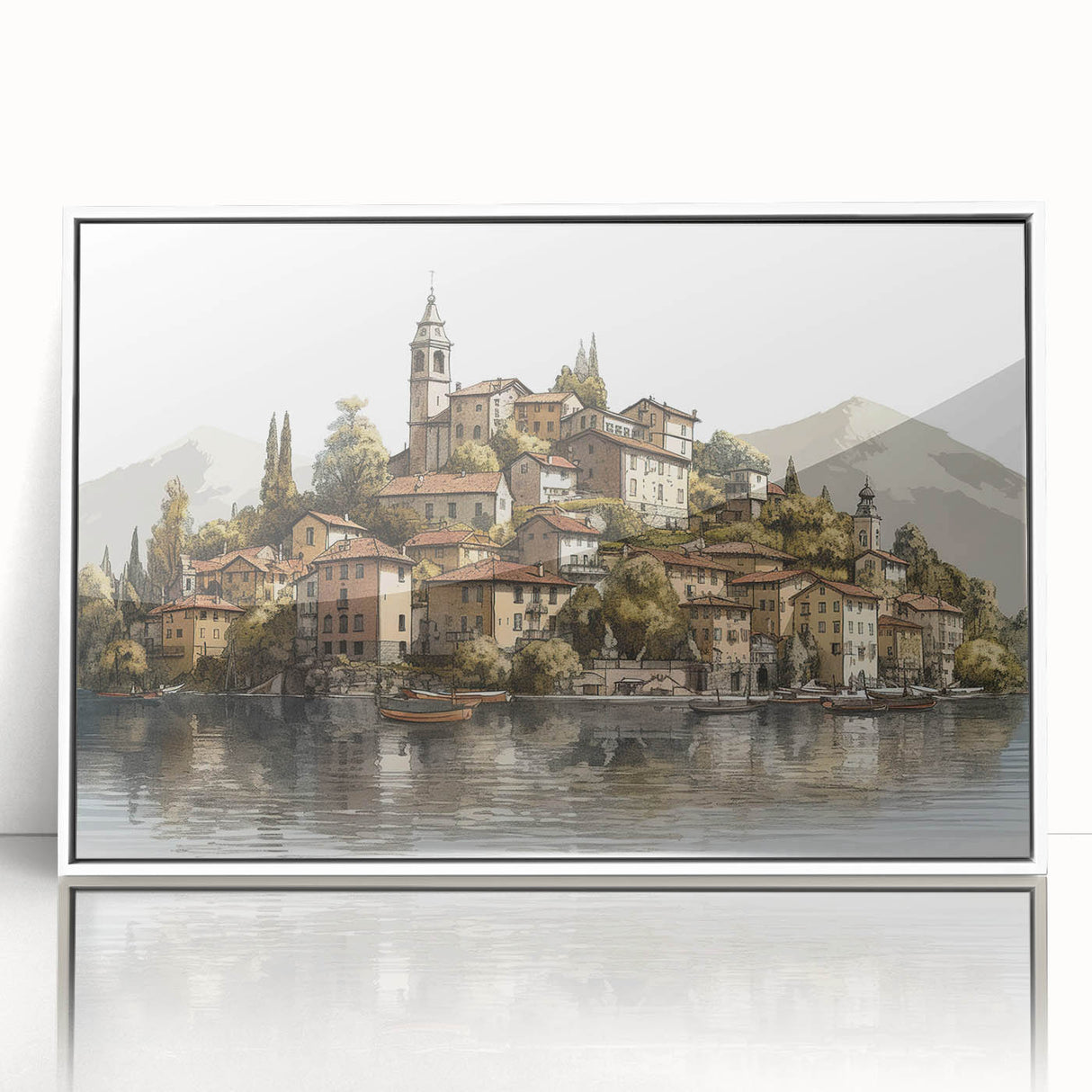 Art deco poster of Lake Como with muted blue and green tones on framed acrylic, ideal for modern art wall decor.