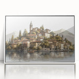Art deco poster of Lake Como with muted blue and green tones on framed acrylic, ideal for modern art wall decor.