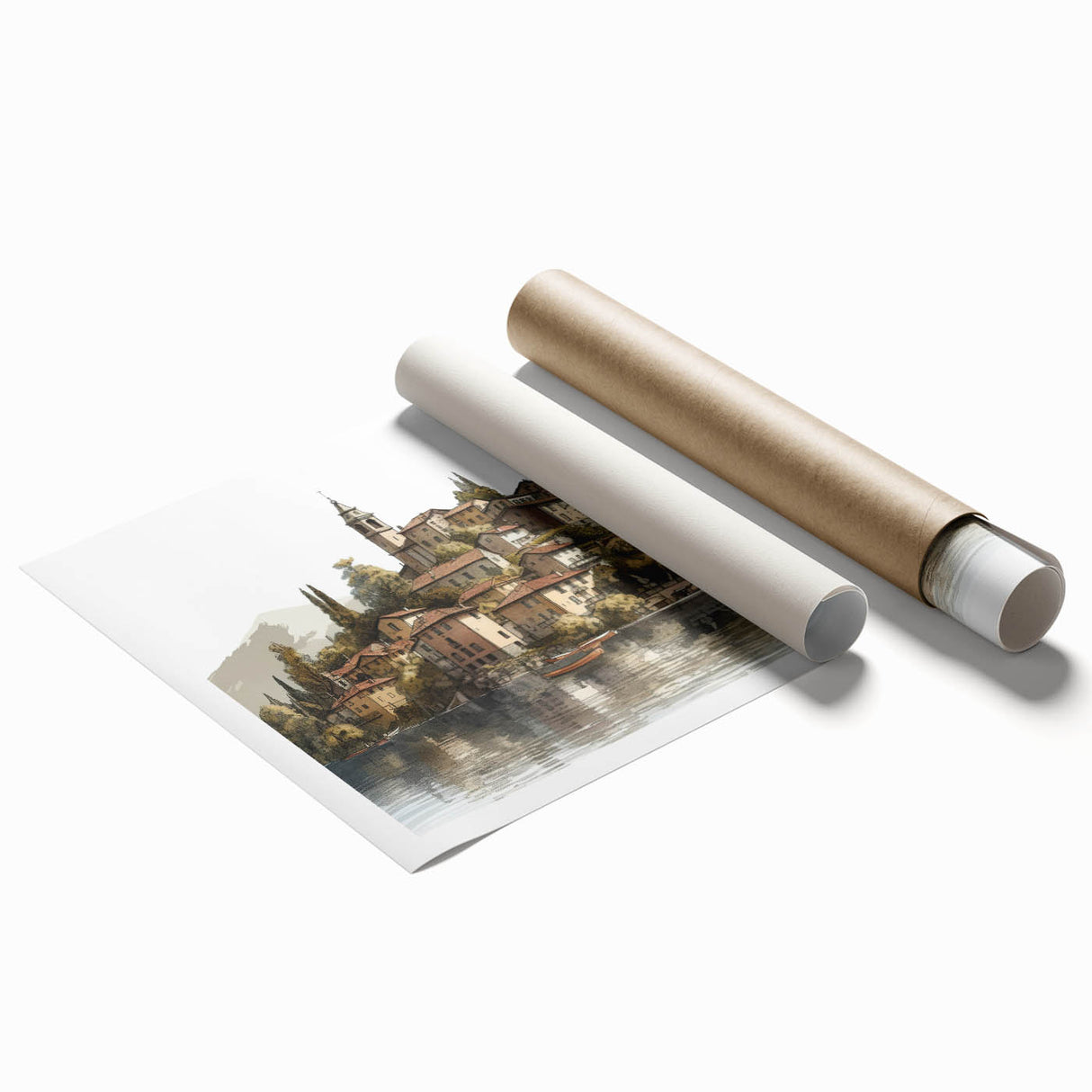 Extra large rolled print of Lake Como with floral accents in soft pastels, ideal for classy bathroom wall art.