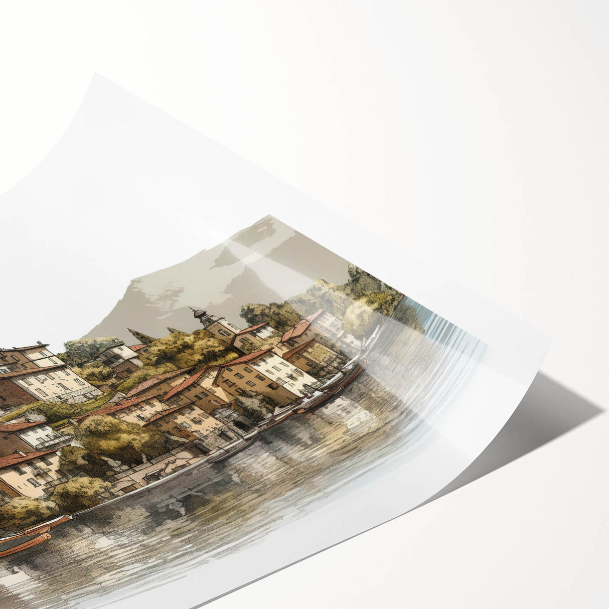 Extra large wall art depicting Lake Como with line art flowers in muted earth tones on a rolled print.