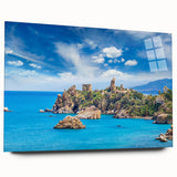 Acrylic print of a Sicilian landscape in soft earth tones, ideal for bedroom or dining room art.
