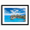 Abstract art print of a Sicilian landscape in vibrant, textured colors on a large framed canvas.