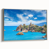 Framed canvas landscape art painting depicting a colorful Sicilian coastline, ideal for adding a vintage touch to any room.