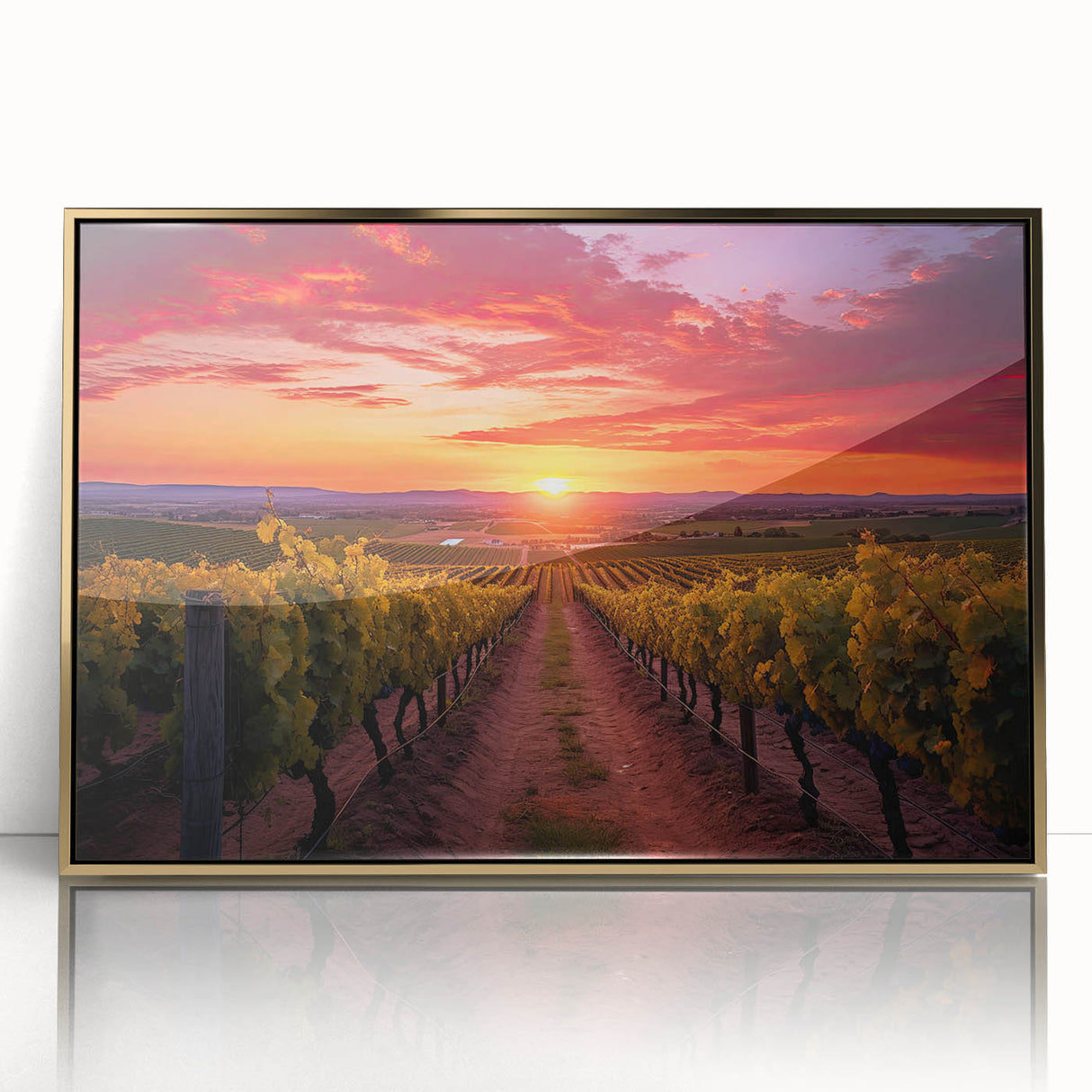 Acrylic print of a Tuscany landscape in muted gold and green hues, framed in gold, suitable for modern art wall decor.