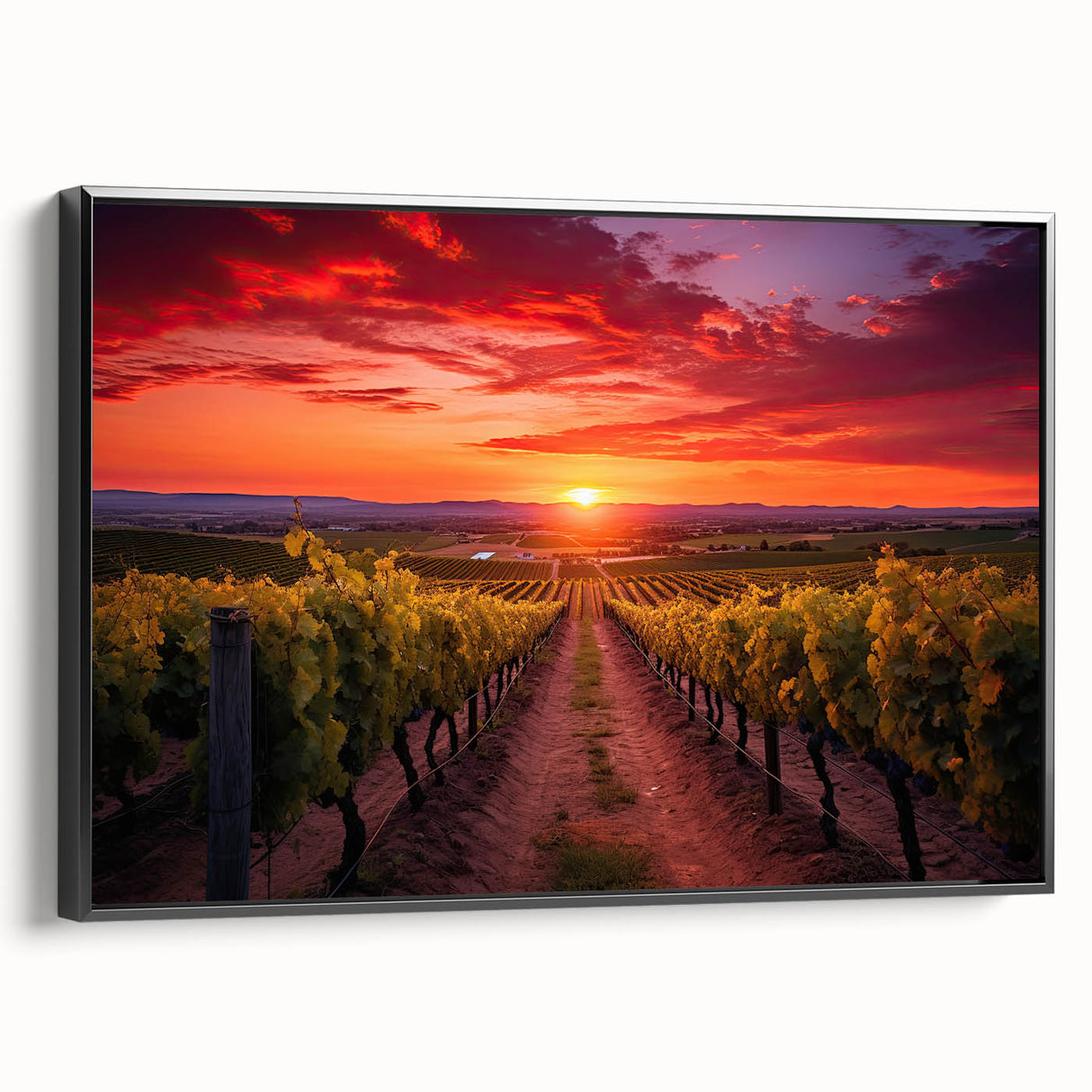 Black and white wall art featuring a vintage poster-style landscape of Tuscany on a framed canvas, ideal for bedroom decor.