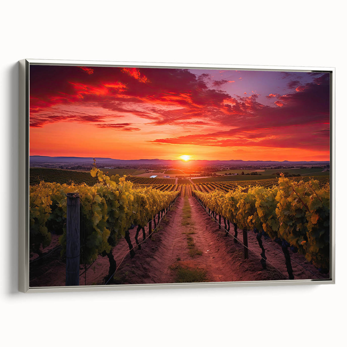 Landscape art painting of Tuscany on framed canvas, featuring colorful fields and a black frame, ideal for living room decor.