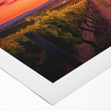 Art deco poster of Tuscany landscape in muted earth tones on rolled canvas, suitable for dining room decor.