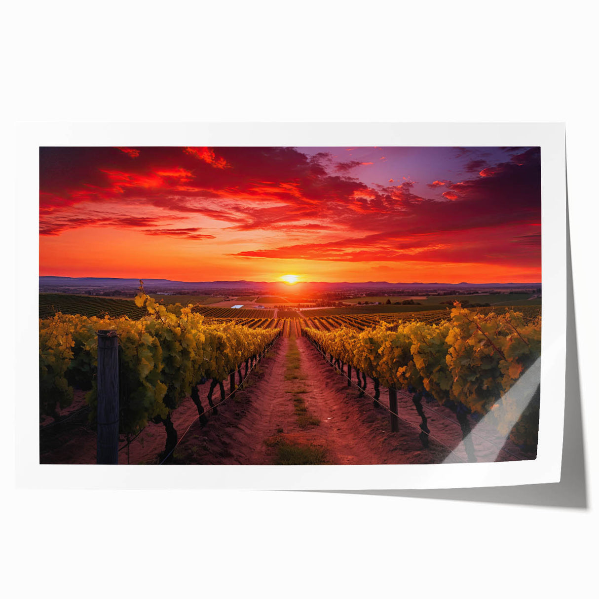 Rolled print of Tuscany landscape with vibrant green fields and blue skies, suitable as art wall dining room decor.