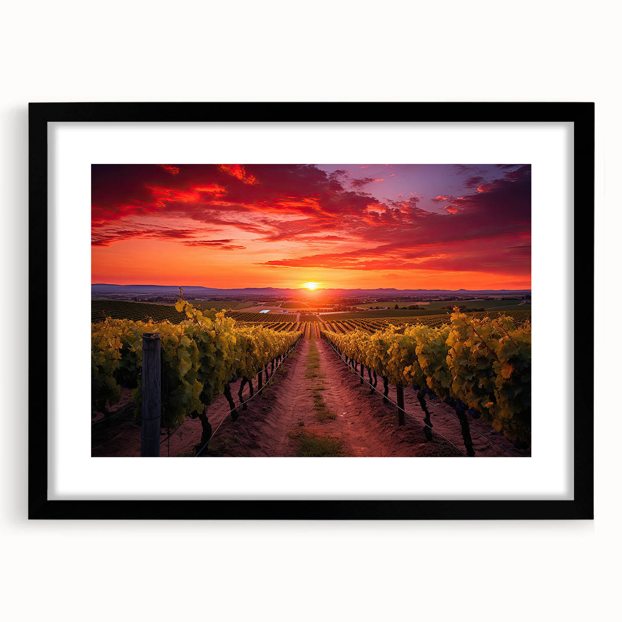 Abstract art print of a Tuscan landscape in vibrant, colorful hues on a large framed canvas, ideal for living room decor.