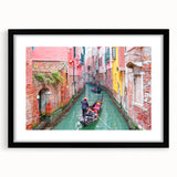 Extra large abstract art print of Venice scenery in vibrant colors on textured canvas, framed in black.