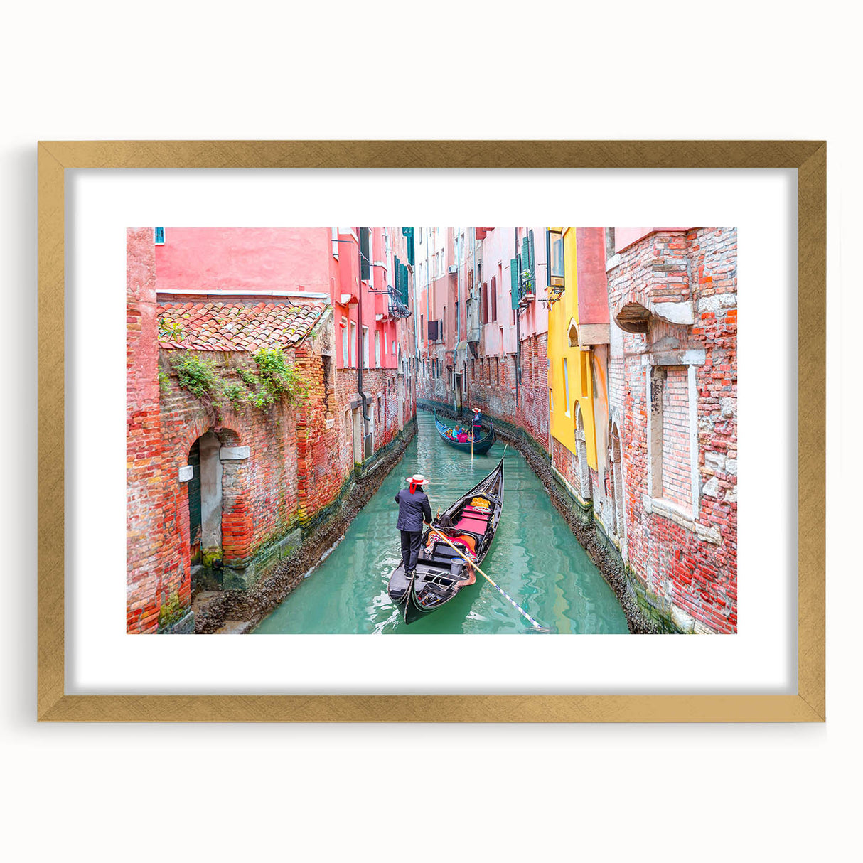 Abstract art print of Venice scenery in muted gold and blue, framed with a mat, ideal for dining room decor.