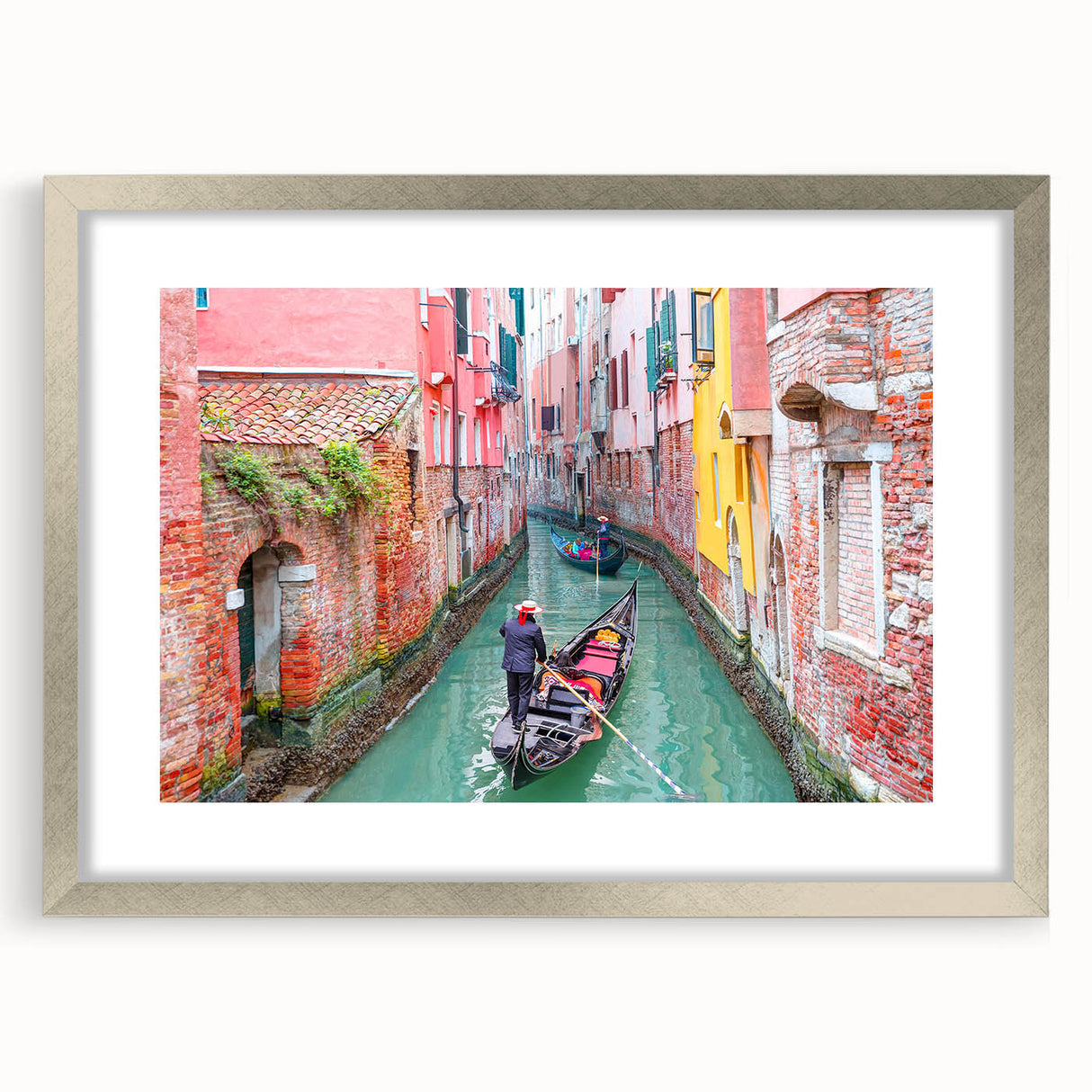 Extra large textured abstract art print of Venice scenery in muted earth tones on a framed canvas.