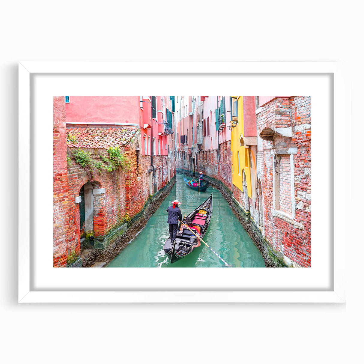 Textured art print of an abstract Venice scenery in muted earth tones on a white framed mat, ideal for bedroom art.