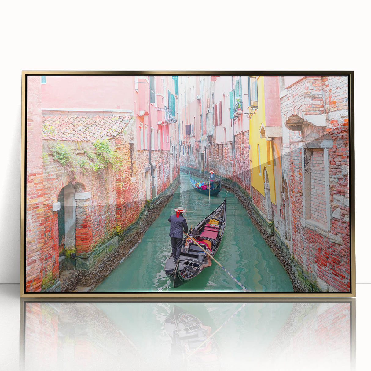 Acrylic print of Venice scenery with gold frame, featuring muted blue and gray tones, ideal for modern art wall decor.