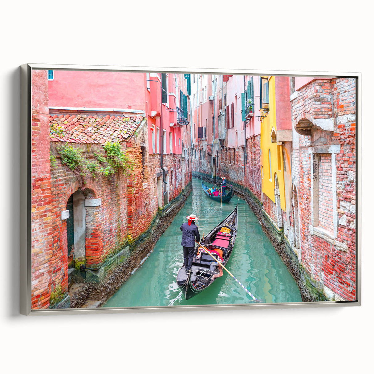 Landscape art painting of Venice with colorful buildings and gondolas on canvas, framed in silver.