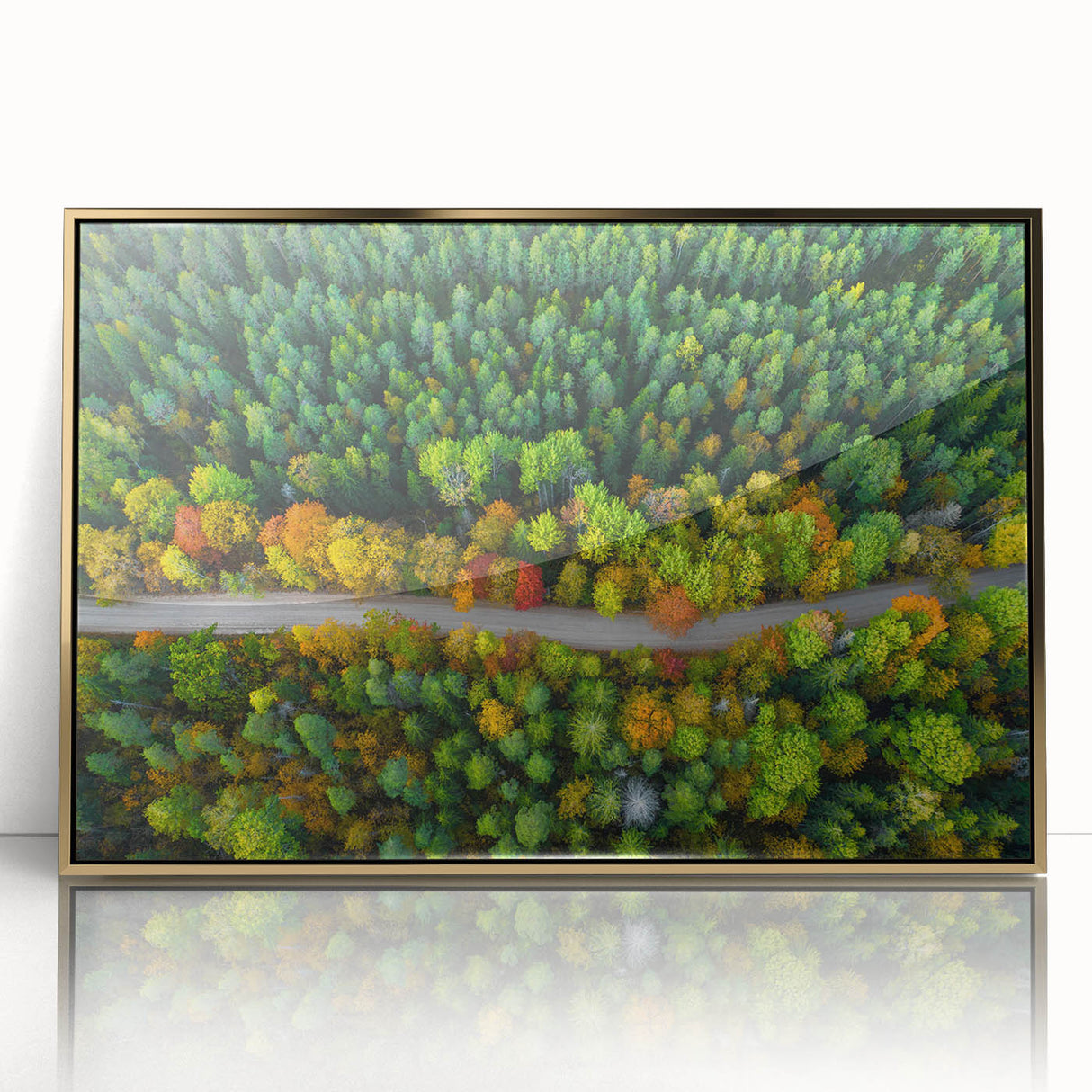 Art deco poster of a European scenery in Latvia, with muted gold and green tones on framed acrylic.