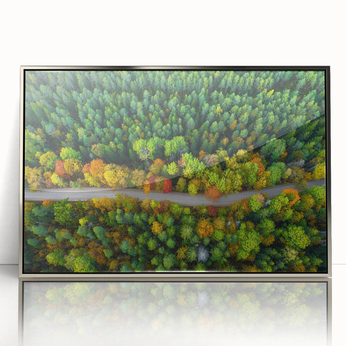 Large acrylic print of a European landscape in Latvia, framed in silver, displaying muted earth tones.