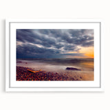 Textured abstract art print of a European landscape in muted earth tones, framed with a white mat, ideal for bedroom art.