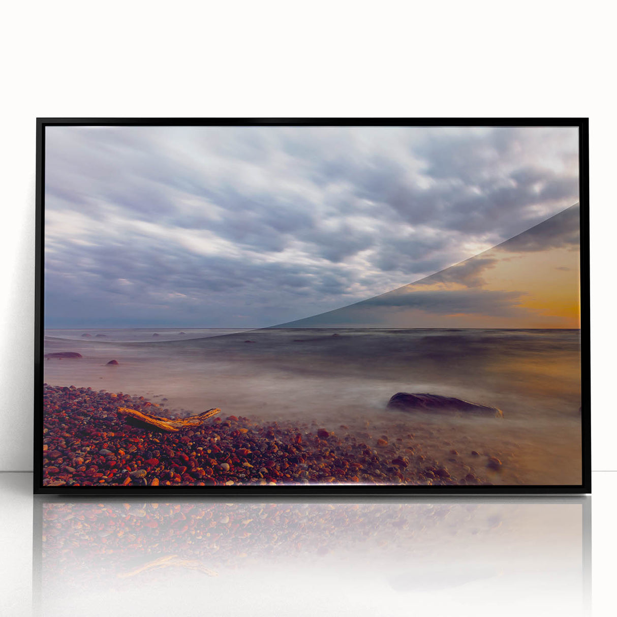 Large abstract wall art featuring a European Lithuanian landscape in muted gray tones, framed in black acrylic.