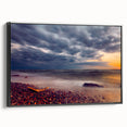 Black and white framed canvas featuring a vintage-style landscape painting of a Lithuanian scenery, ideal for bedroom decor.