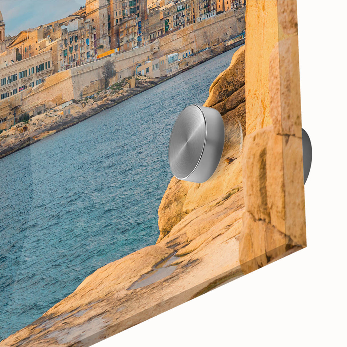 Large abstract wall art depicting a European Malta scenery in muted earth tones on acrylic glass.