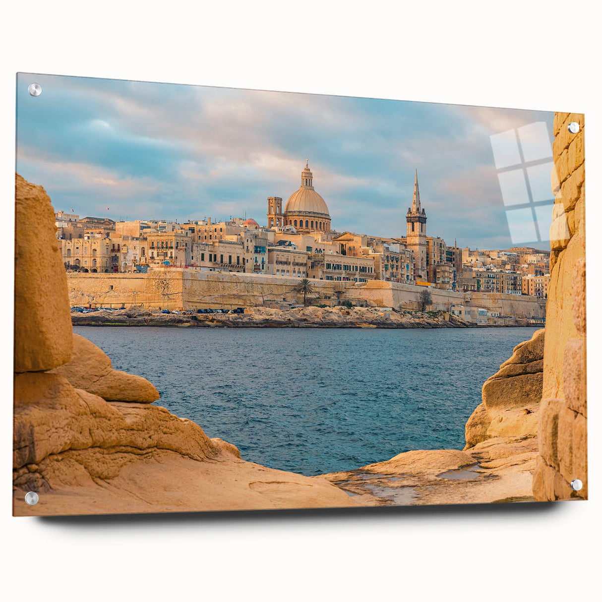 Acrylic print of a European Malta scenery in muted earth tones, ideal for dining room decor.