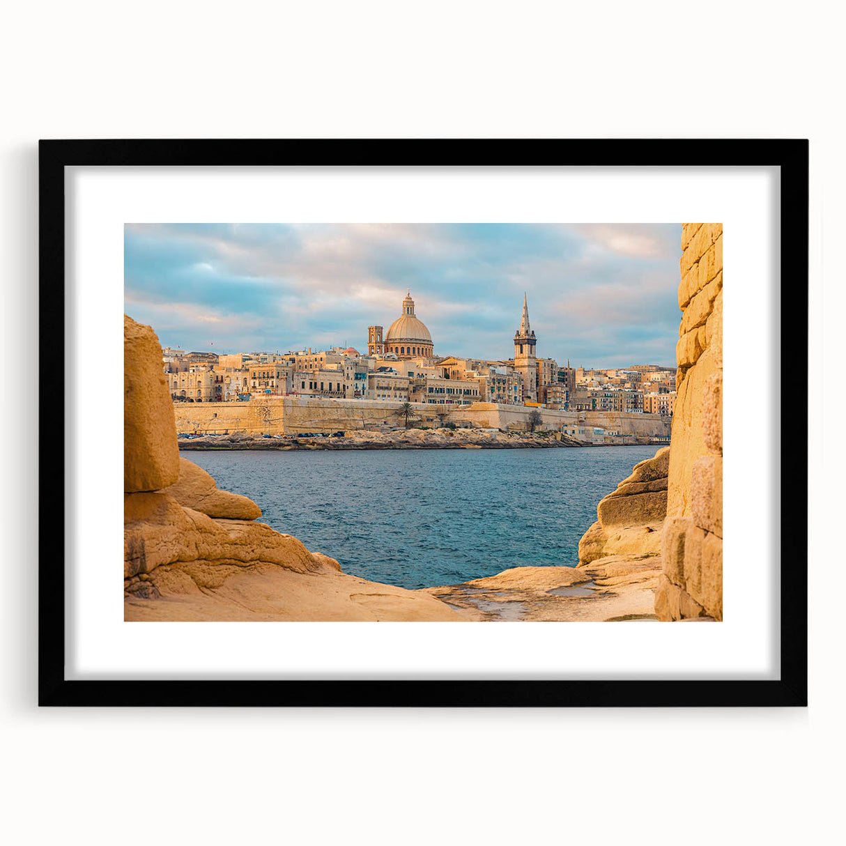 Extra large abstract art print of colorful, textured European scenery on a black framed canvas, ideal for living room decor.