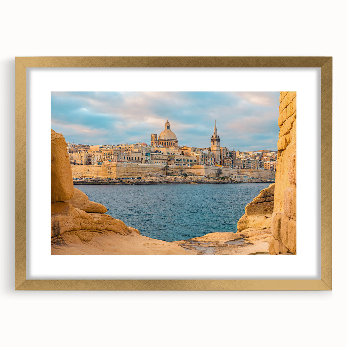 Abstract art print of a European Malta scenery in muted gold tones, framed with a mat, ideal for dining room decor.