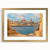 Abstract art print of a European Malta scenery in muted gold tones, framed with a mat, ideal for dining room decor.