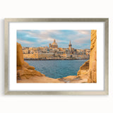 Extra large abstract art print featuring textured scenery of Malta in muted earth tones, framed in silver.