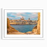 Abstract textured art print depicting a European Malta scenery in muted earth tones, framed with a white mat.