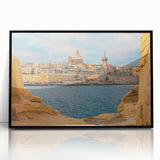 Large abstract wall art depicting a colorful European Malta scenery in a black framed acrylic.
