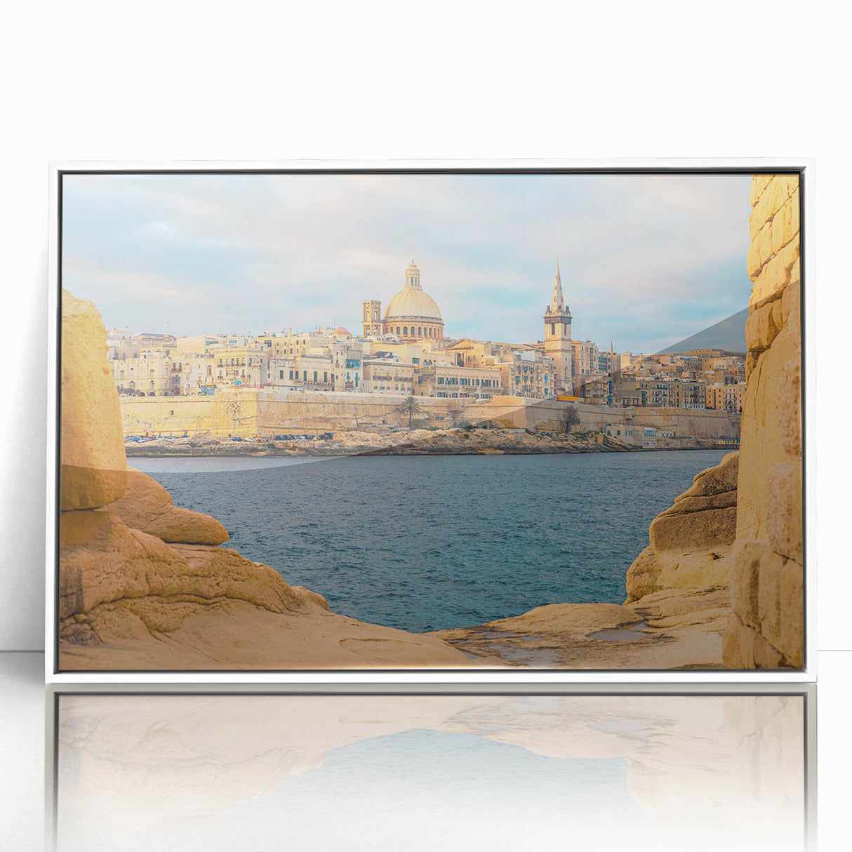 Mid-century modernist art depicting Malta scenery in muted blues and greens on a framed acrylic.