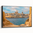 Black and white framed canvas depicting a vintage landscape of Malta, ideal for bedroom wall art.