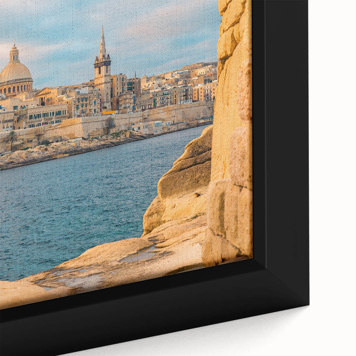 Extra large black wall art featuring a textured depiction of Malta scenery on a framed canvas, ideal for living room decor.