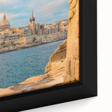 Extra large black wall art featuring a textured depiction of Malta scenery on a framed canvas, ideal for living room decor.