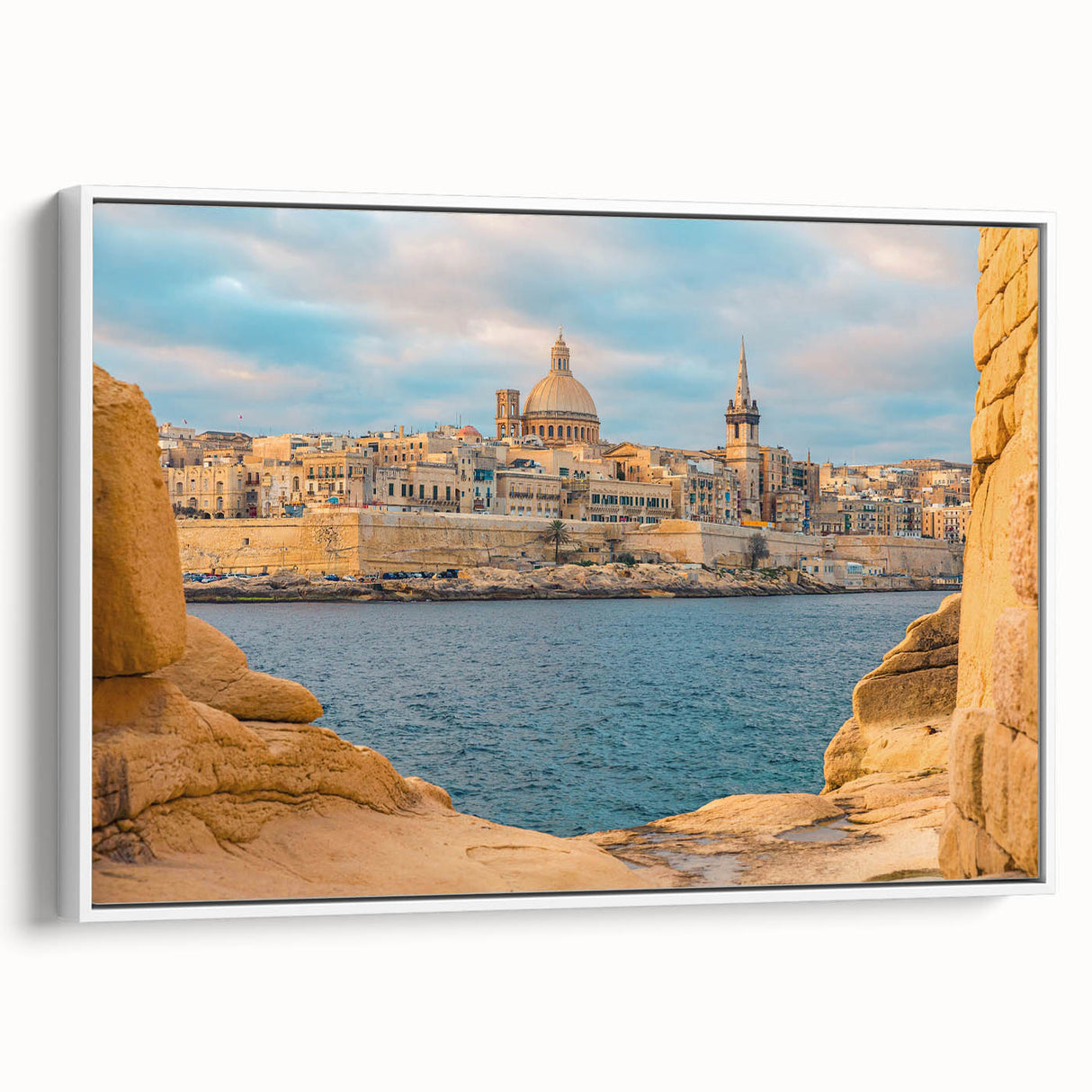 Vintage poster art of a Malta scenic view in vibrant colors on a large framed canvas, ideal for living room decor.