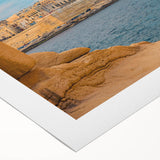 Art deco poster featuring a serene Malta coastline scene in soft pastel shades on rolled canvas.