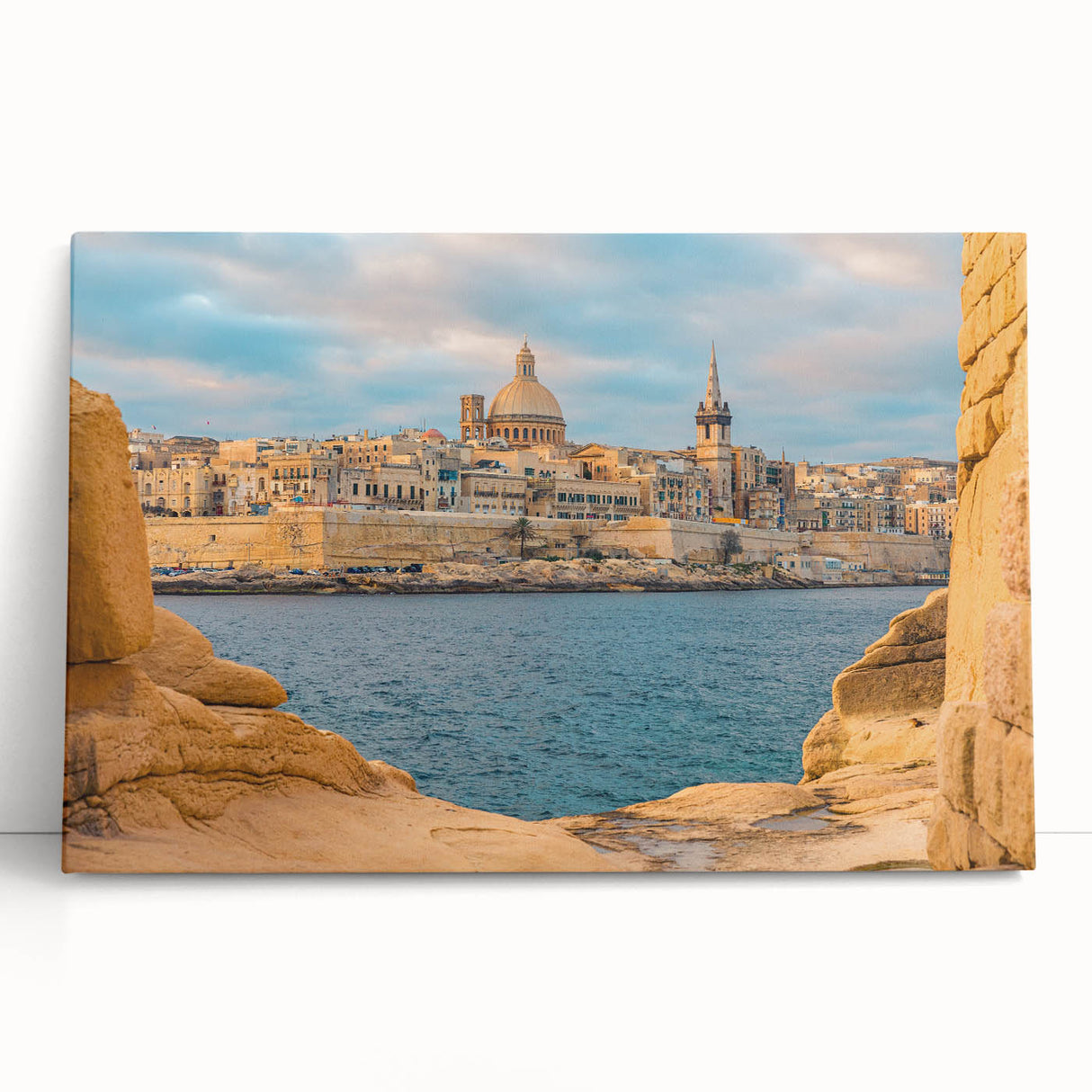 Black and white photo of Malta scenery on large stretched canvas, ideal for kitchen wall art.