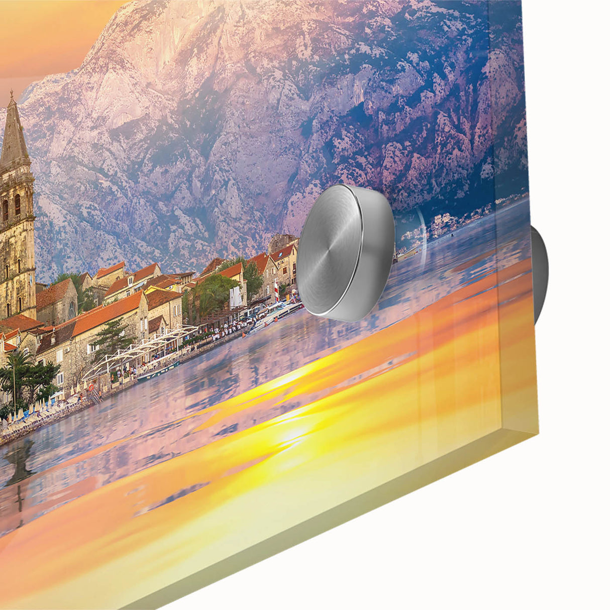 Large abstract wall art of a Montenegro landscape in muted earth tones on acrylic glass, ideal for dining room art.
