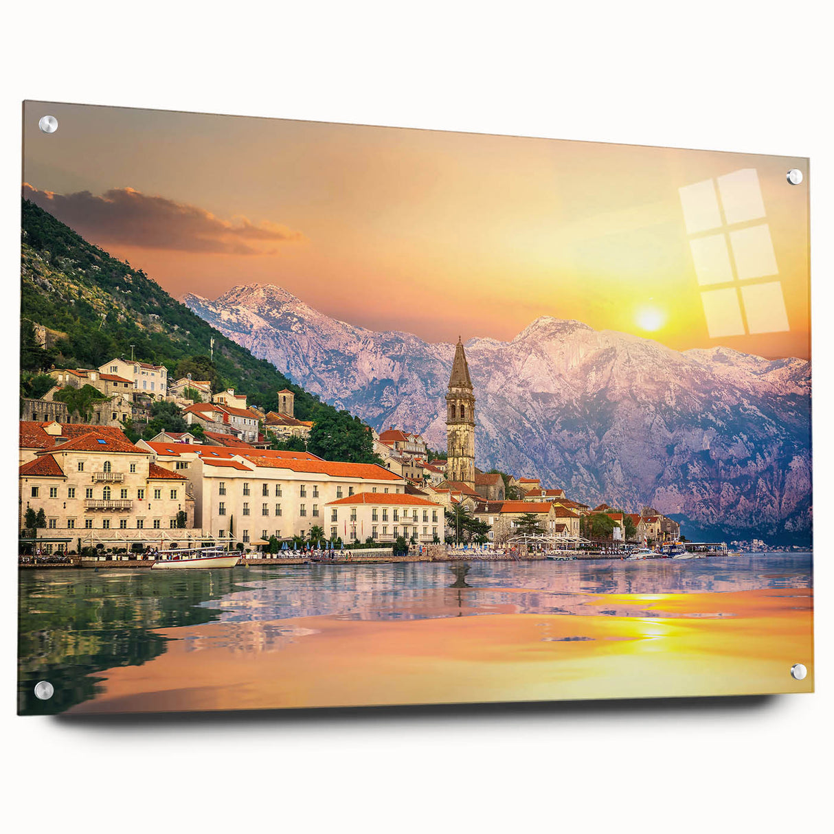 Acrylic glass print of a Montenegro landscape, featuring vivid blues and greens, ideal for bedroom or dining room decor.