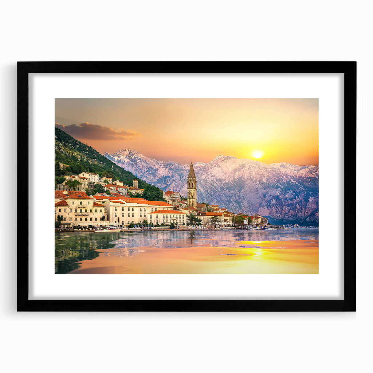 Extra large abstract art print of a colorful, textured European scenery on a black framed canvas.