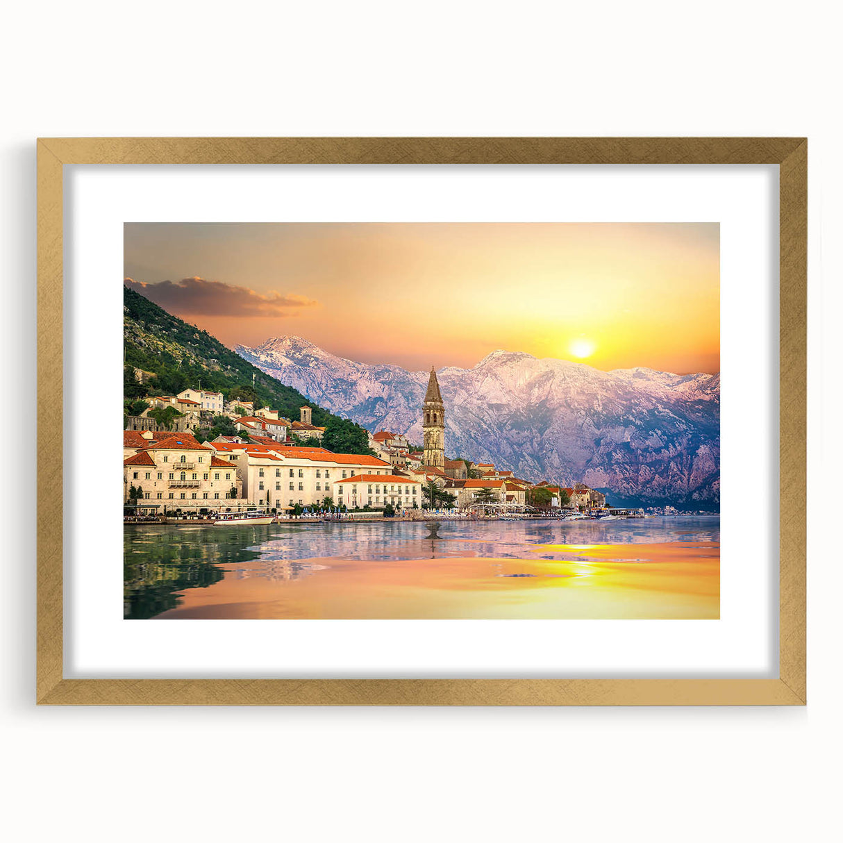 Abstract art print of a European Montenegro scenery in muted earth tones, framed in gold, ideal for dining room decor.