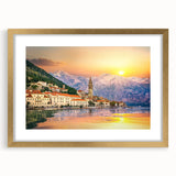 Abstract art print of a European Montenegro scenery in muted earth tones, framed in gold, ideal for dining room decor.