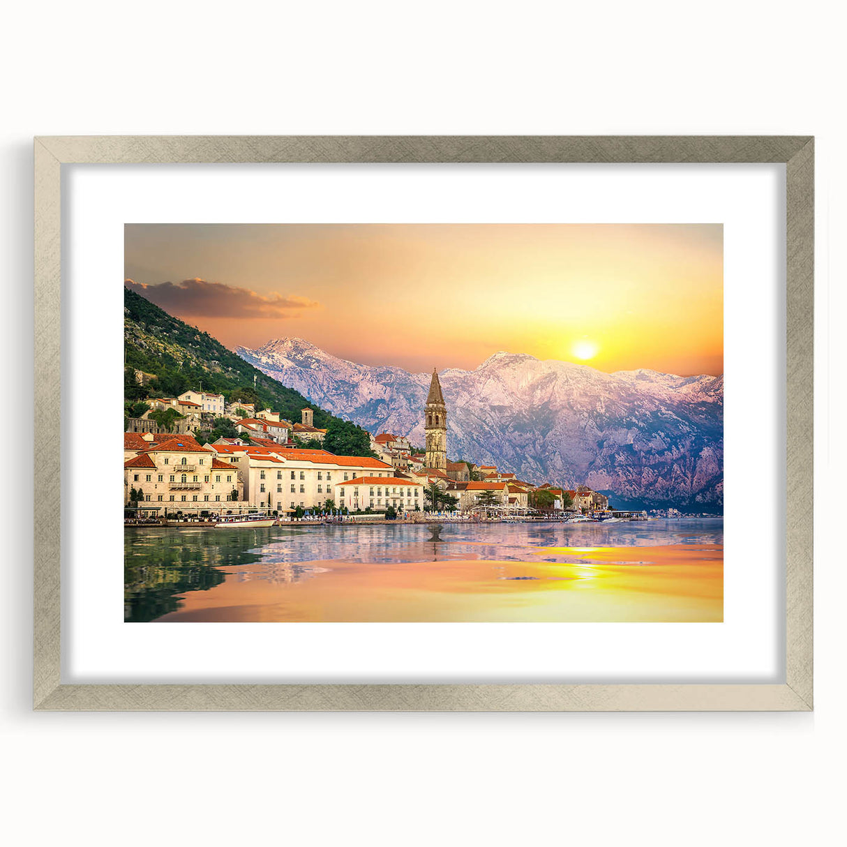 Extra large abstract art print depicting a textured European scenery in muted earth tones, framed with a silver mat.